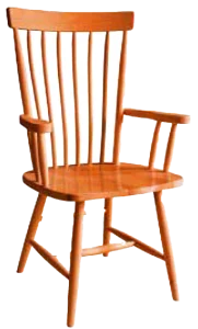 Amish Concord Windsor-style dining arm chair in oak with a spindle back and a shaped wood seat.