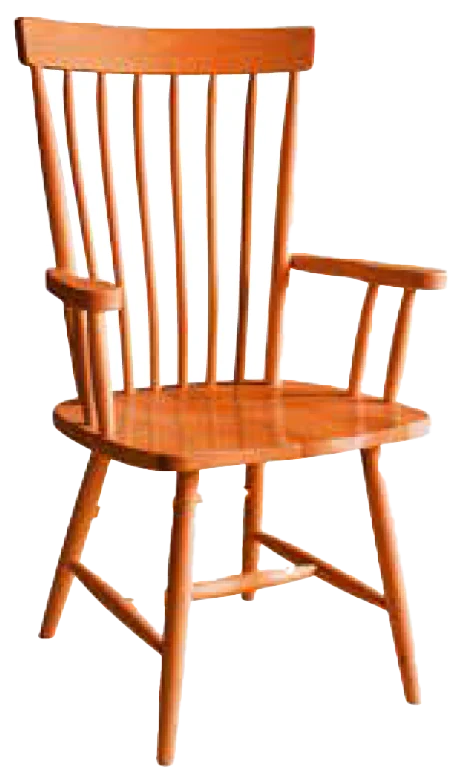 Amish Concord Windsor-style dining arm chair in oak with a spindle back and a shaped wood seat.