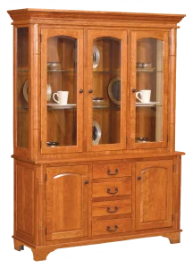 Amish Concord four-door hutch base in oak with drawers over cabinet doors.
