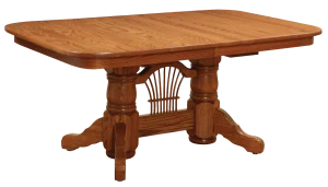 Amish Heritage solid-top dining table in oak on a double pedestal with fan-spindle detail.