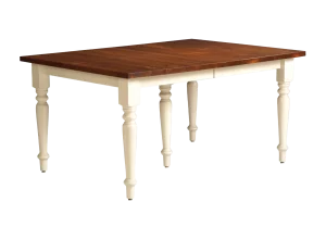 Amish Addison dining table with two-tone white turned legs and a dark wood top.