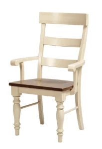 Amish Addison dining arm chair in two-tone white with a ladder back, dark seat, and turned legs.