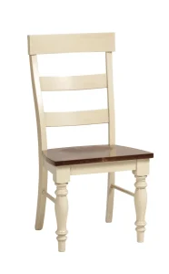 Amish Addison dining side chair in two-tone white with a ladder back, dark seat, and turned legs.