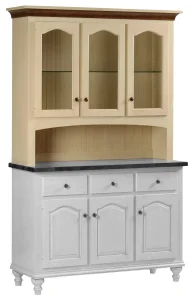 Amish Addison three-door hutch top in a two-tone cream finish with glass display doors above an open shelf.