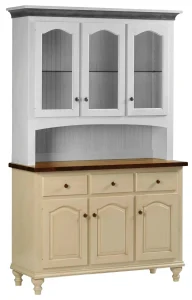 Amish Addison four-door hutch base in a two-tone cream finish with drawers over cabinet doors.