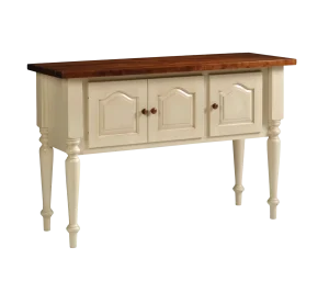 Amish Addison server in a two-tone cream finish with a dark top, two cabinet doors, and turned legs.