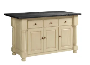 Amish Addison kitchen island base in a two-tone cream finish with a drawer, cabinet doors, and turned legs.