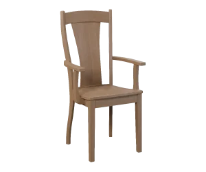Amish Ashville dining arm chair in light natural oak with a vase splat back and a wood seat.