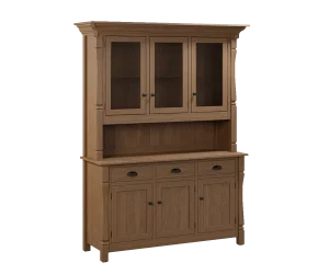 Amish Ashville two-door hutch base in light natural oak with drawers over cabinet doors.