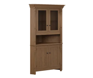 Amish Ashville corner hutch top in light natural oak with glass display doors above an open shelf.