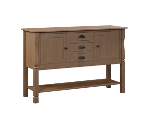 Amish Ashville sideboard in light natural oak with center drawers between two cabinet doors and a lower shelf.