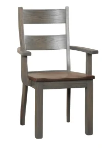 Amish Barnwood dining arm chair in weathered gray wood with a ladder back and a wood seat.