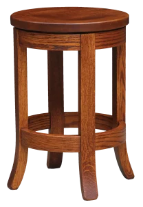 Amish Barrel round-seat bar stool in oak, a backless stool with splayed legs.