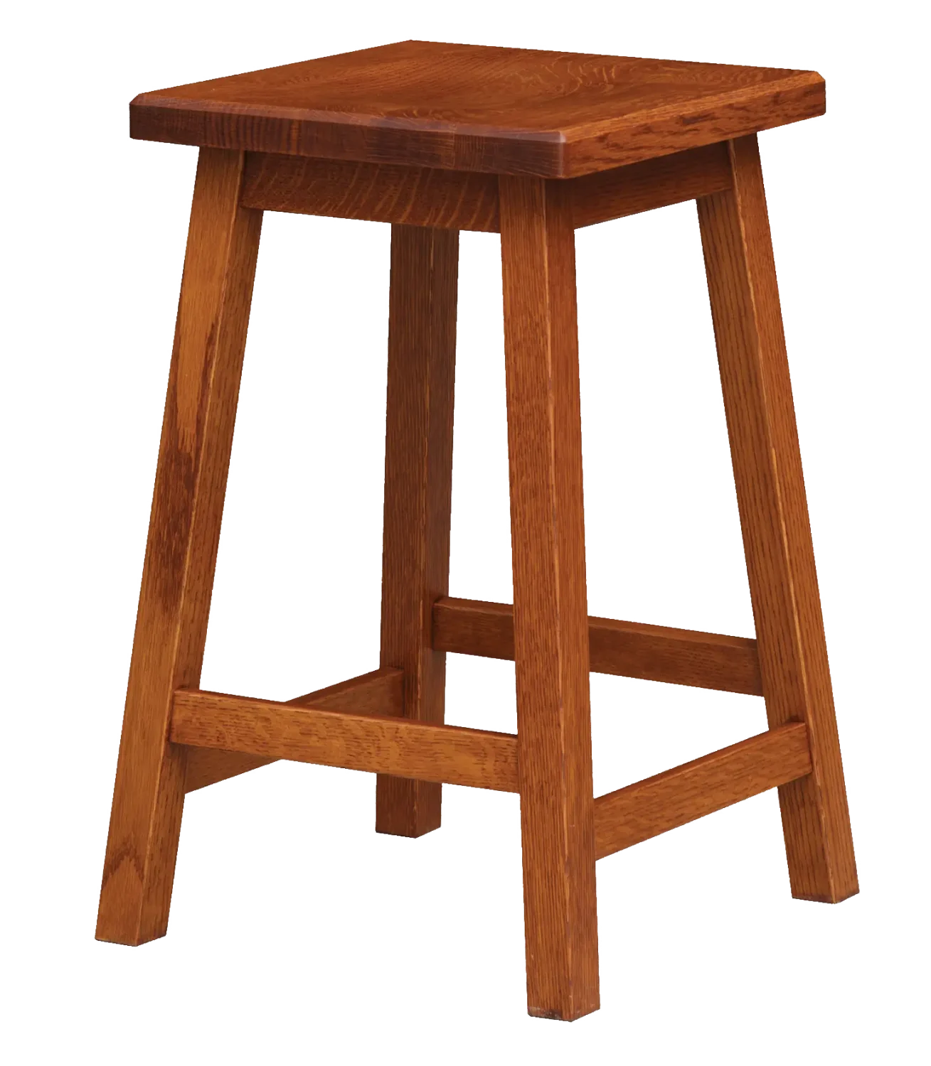 Amish Barrel square-seat bar stool in oak, a backless stool with splayed legs.
