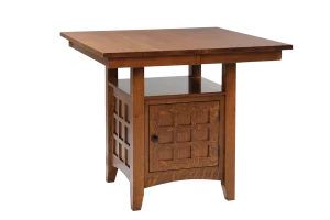 Amish Blakely counter-height dining table in warm oak with a pedestal storage base.