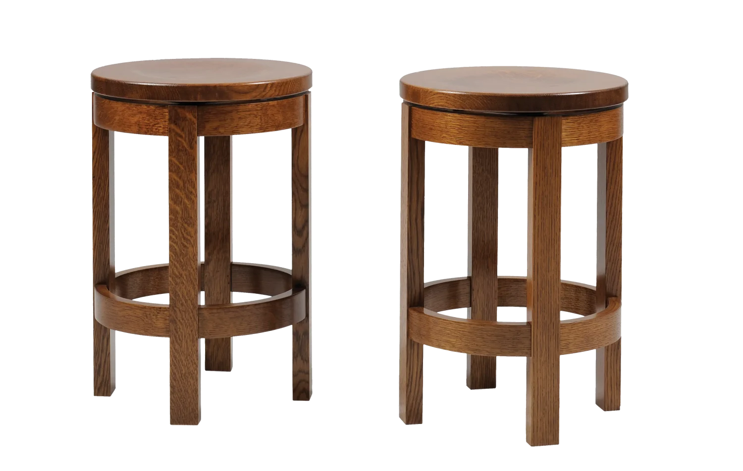 Amish Blakely round backless swivel bar stools in warm oak.