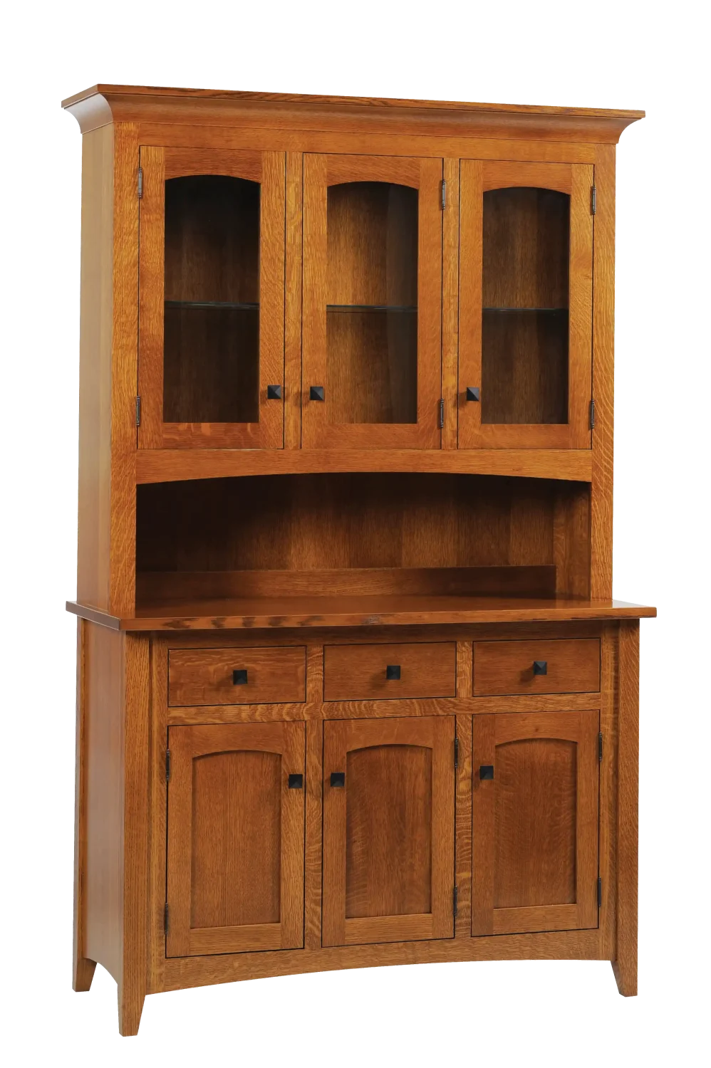 Amish Blakely three-door hutch top in warm oak with glass display doors above an open shelf.