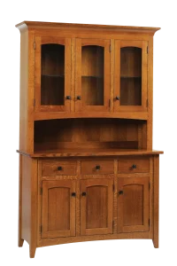 Amish Blakely four-door hutch top in warm oak with glass display doors above an open shelf.