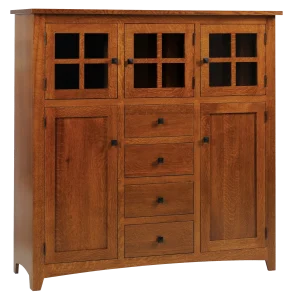 Amish Blakely mini hutch in warm oak with glass top doors, center drawers, and side cabinets.