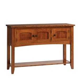 Amish Blakely sideboard in warm oak with center drawers between two cabinet doors and a lower shelf.