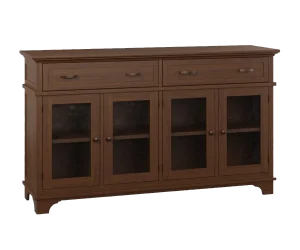 Amish Brookport four-door buffet in dark brown wood with two drawers over four glass cabinet doors.