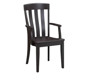 Amish Brookport dining arm chair in dark charcoal-brown wood with a mission slat back and a wood seat.