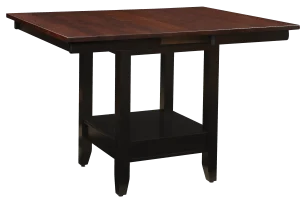 Amish Clanton counter-height dining table in a two-tone black finish with a wood top and a storage-shelf base.