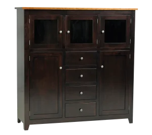Amish Clanton hutch in a two-tone black finish with glass top doors over drawers and cabinet doors.