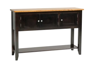 Amish Clanton server in a two-tone black finish with a wood top, three cabinet doors, and a lower shelf.