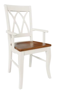 Amish Glendale dining arm chair in a two-tone white finish with a wood seat and a double-X back.