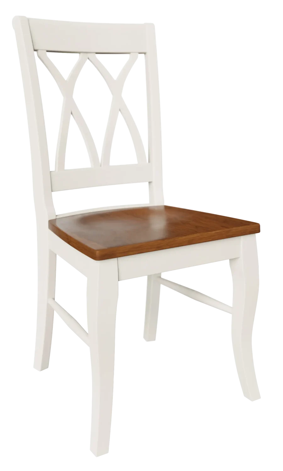 Amish Glendale dining side chair in a two-tone white finish with a wood seat and a double-X back.