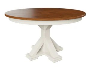 Amish Glendale round pedestal dining table with a white base and a dark wood top.