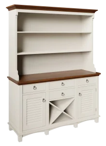 Amish Glendale hutch top with open display shelves in a two-tone white finish.