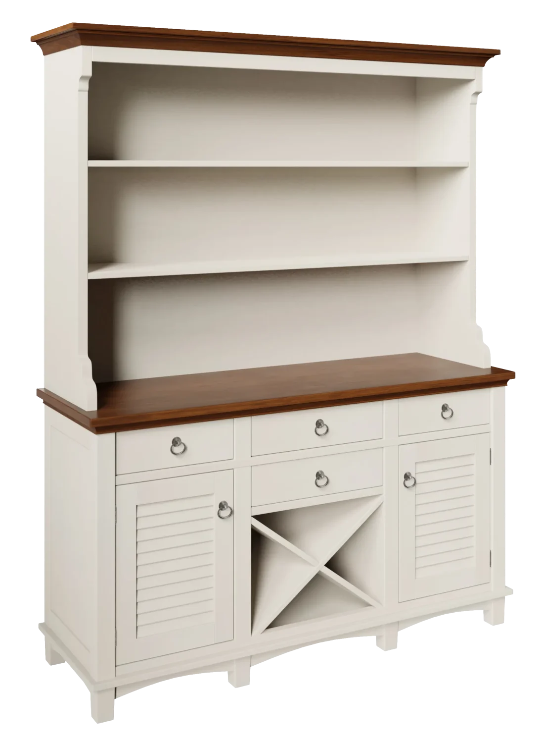 Amish Glendale hutch base in a two-tone white finish with louvered doors and a dark top.