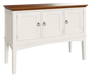 Amish Glendale sideboard in a two-tone white finish with louvered doors and a dark wood top.