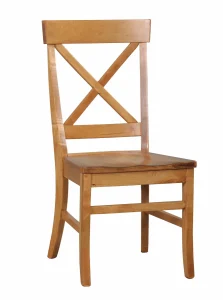 Amish Kimberly dining side chair in light natural oak with an X-back and a wood seat.