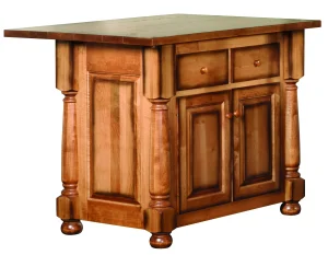 Amish Kimberly kitchen island base in oak with turned legs, a drawer, and cabinet storage.