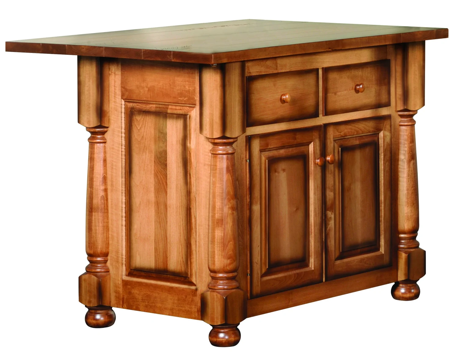 Amish Kimberly kitchen island base in oak with turned legs, a drawer, and cabinet storage.
