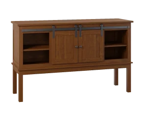 Amish Lynnfield sideboard in warm brown wood with a sliding barn door and open shelving.