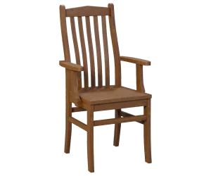 Amish Lynnfield dining arm chair in warm brown wood with a mission slat back and a wood seat.