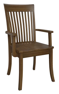Amish Newbury dining arm chair in dark brown wood with a mission slat back and a wood seat.