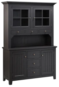 Amish Newbury hutch top in black with glass display doors above an open shelf.