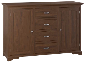 Amish Oak Harbor buffet in brown wood with two cabinet doors flanking a stack of four center drawers.