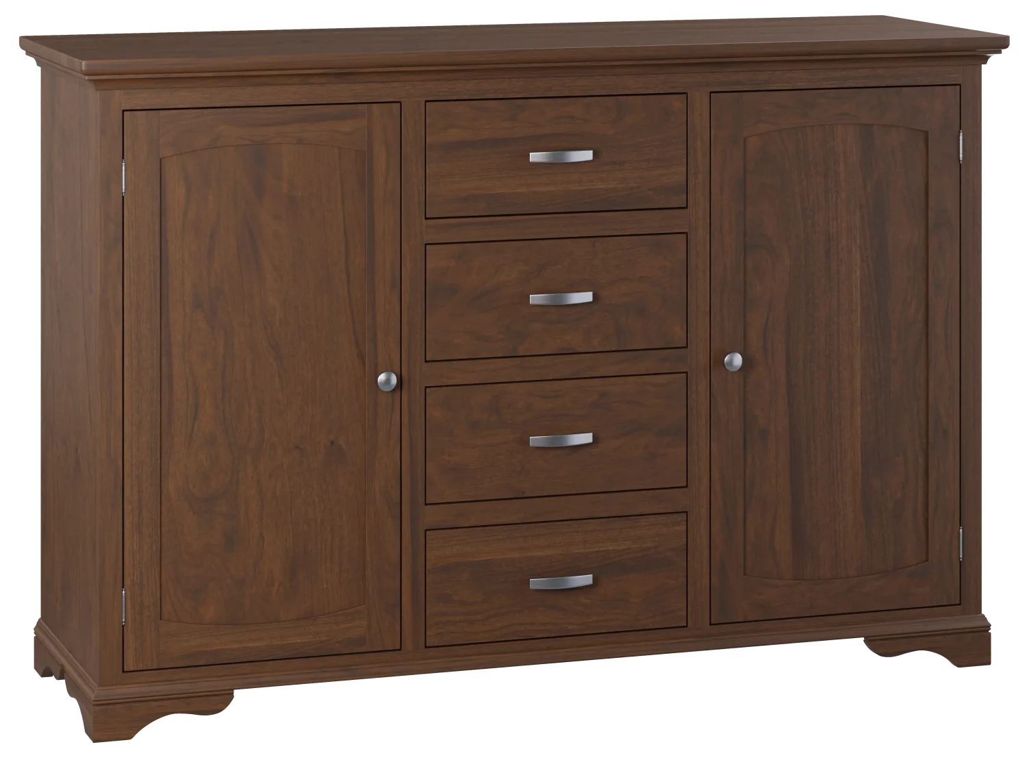 Amish Oak Harbor buffet in brown wood with two cabinet doors flanking a stack of four center drawers.