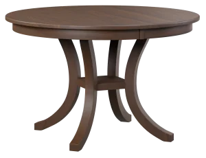 Amish Oak Harbor round pedestal dining table in dark brown wood with curved splayed legs.