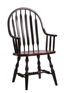 Amish Olympia Windsor-style dining arm chair in black with a bowed spindle back and a wood seat.