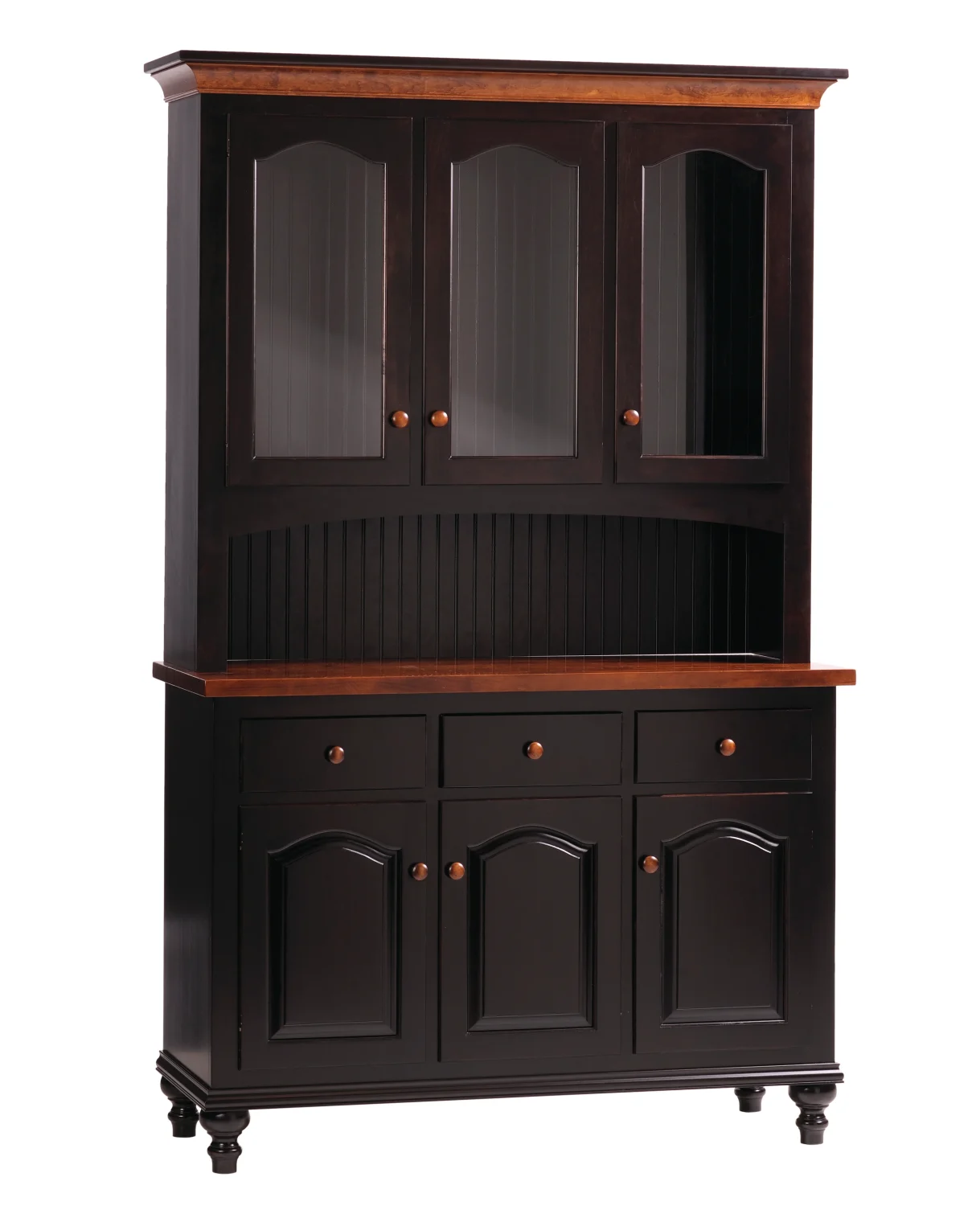 Amish Olympia two-door hutch top in black with glass display doors above an open shelf.