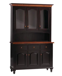 Amish Olympia three-door hutch base in black with drawers over raised-panel cabinet doors.