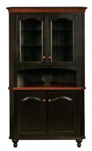 Amish Olympia corner hutch top in black with glass display doors above an open shelf.