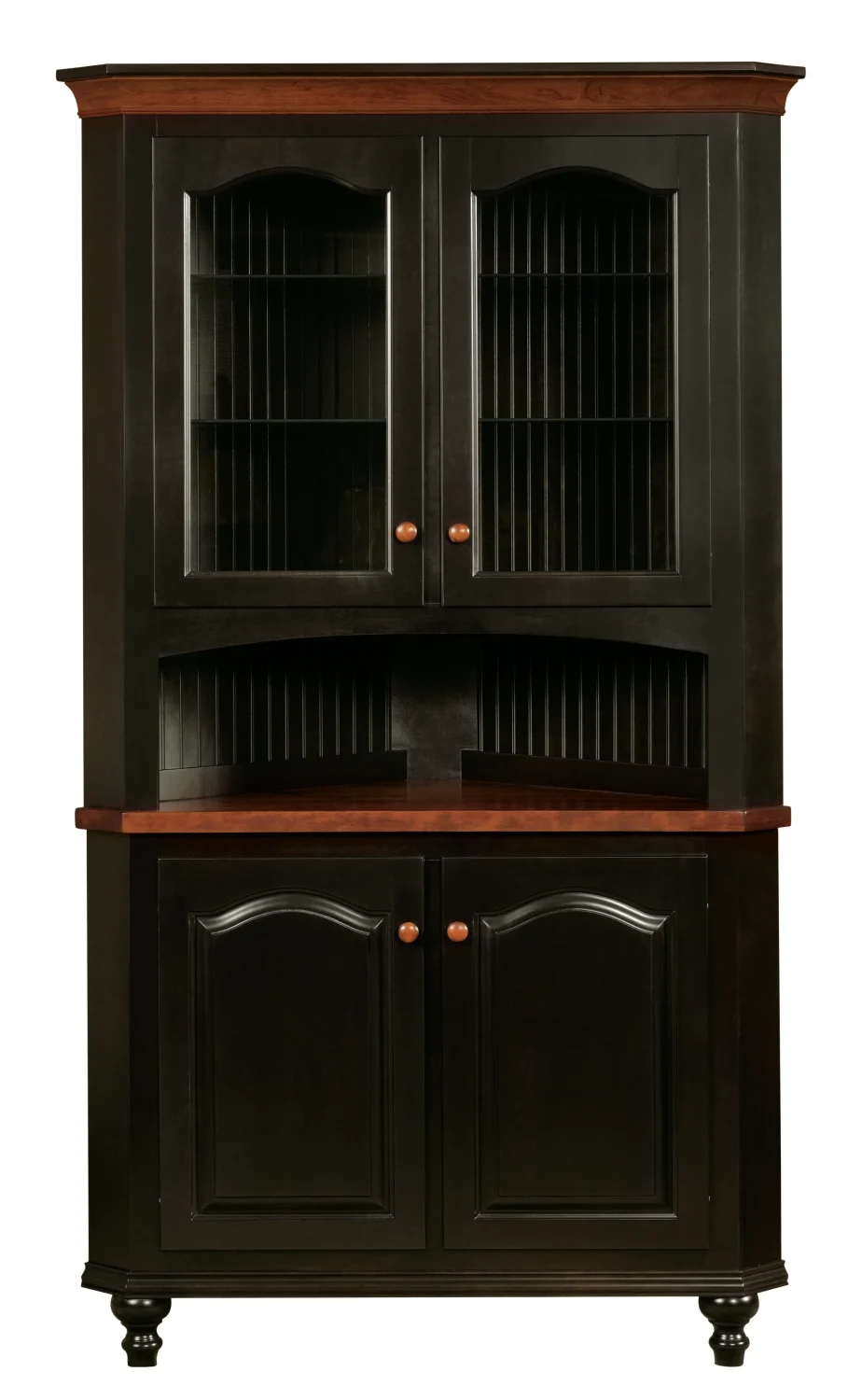 Amish Olympia corner hutch base in black with a raised-panel cabinet.